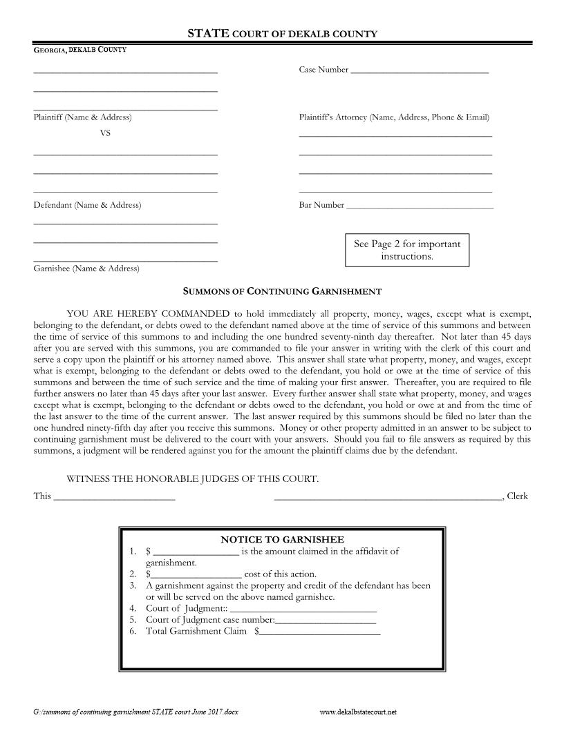 Summons Of Continuing Garnishment | Pdf Fpdf Doc Docx | Georgia