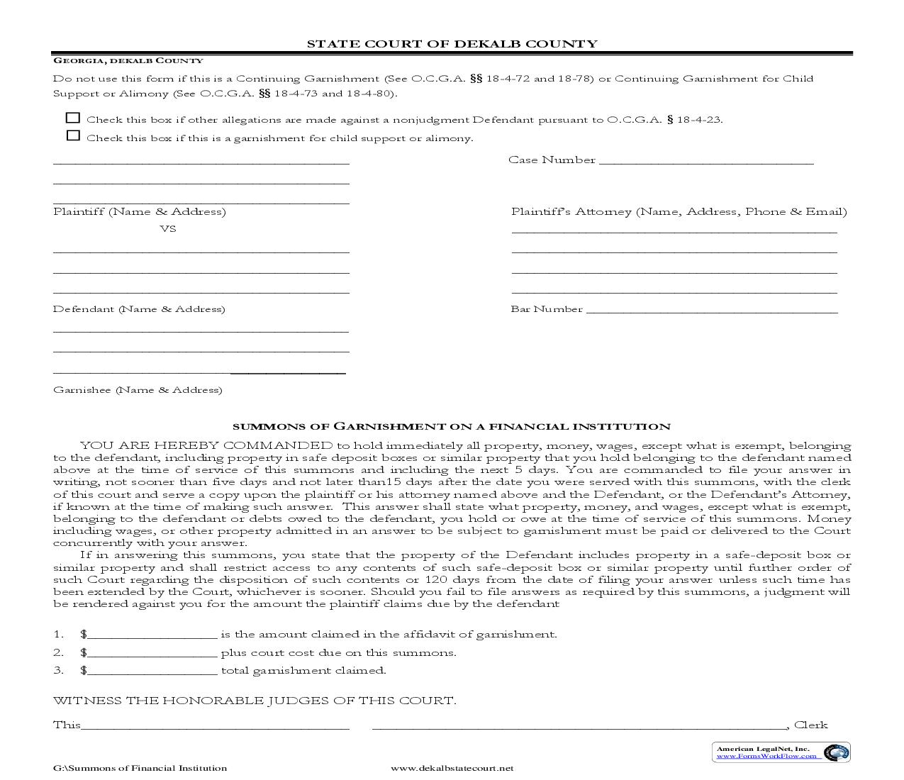 Summons Of Garnishment On A Financial Institution | Pdf Fpdf Doc Docx | Georgia