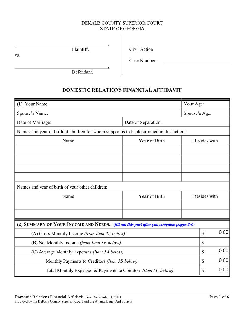 Domestic Relations Financial Affidavit (Child Support Modification) | Pdf Fpdf Docx | Georgia