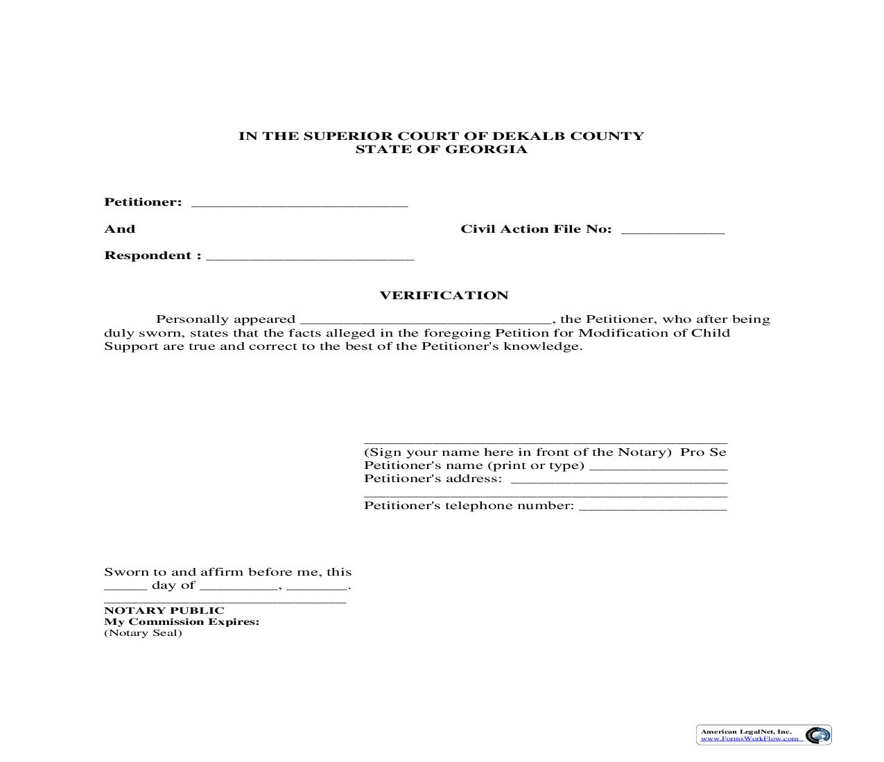 Verification (For Petition For Modification Of Child Support) | Pdf Fpdf Doc Docx | Georgia