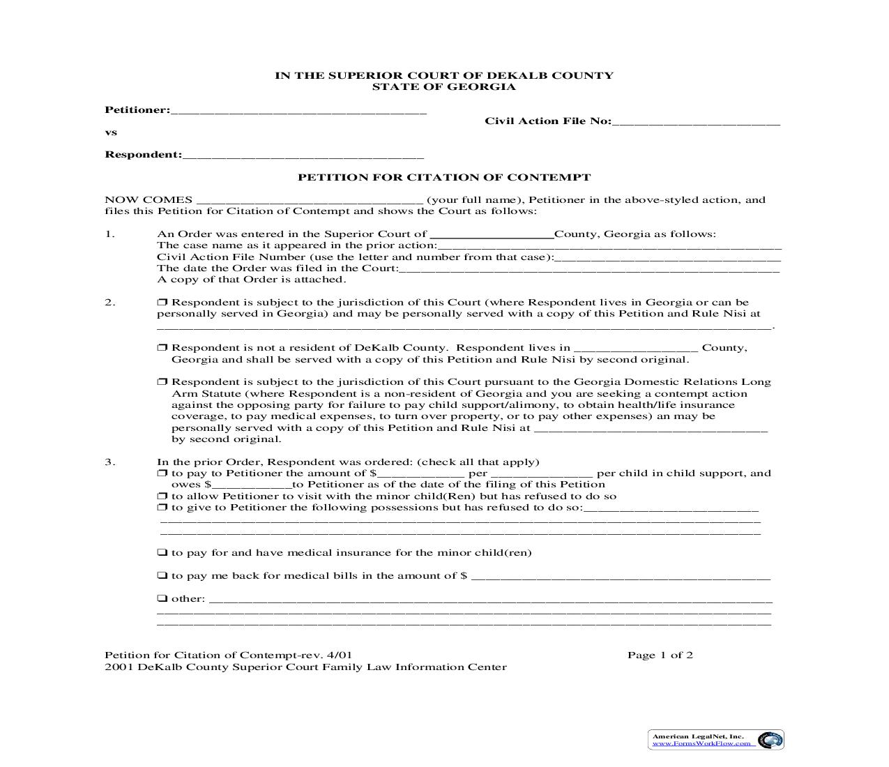 Petition For Citation Of Contempt | Pdf Fpdf Doc Docx | Georgia