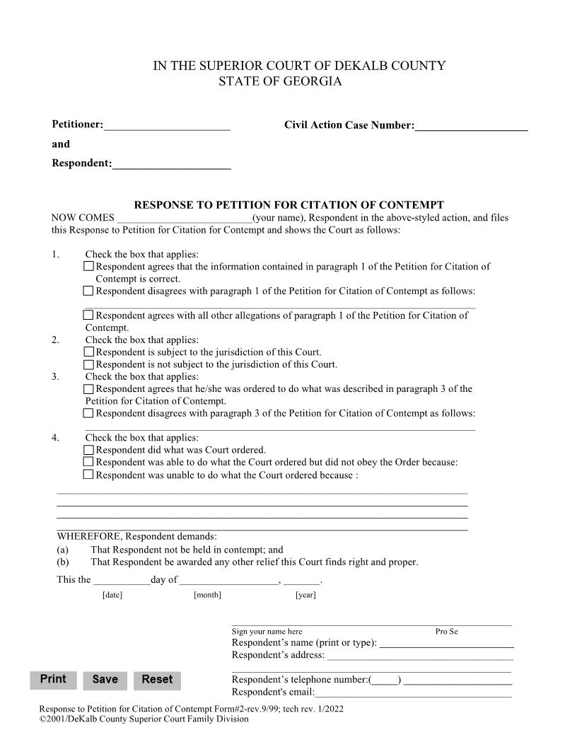 Response To Petition For Citation Of Contempt | Pdf Fpdf Doc Docx | Georgia