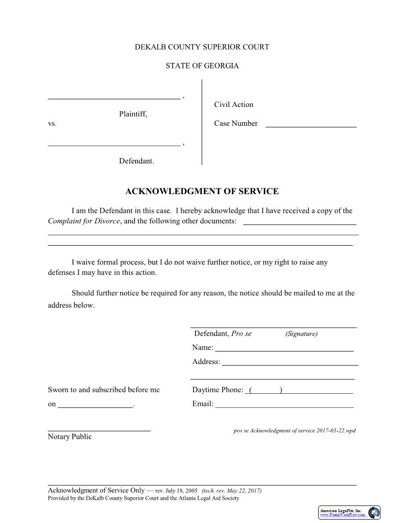 Acknowledgment Of Service (Complaint For Divorce) | Pdf Fpdf Docx | Georgia