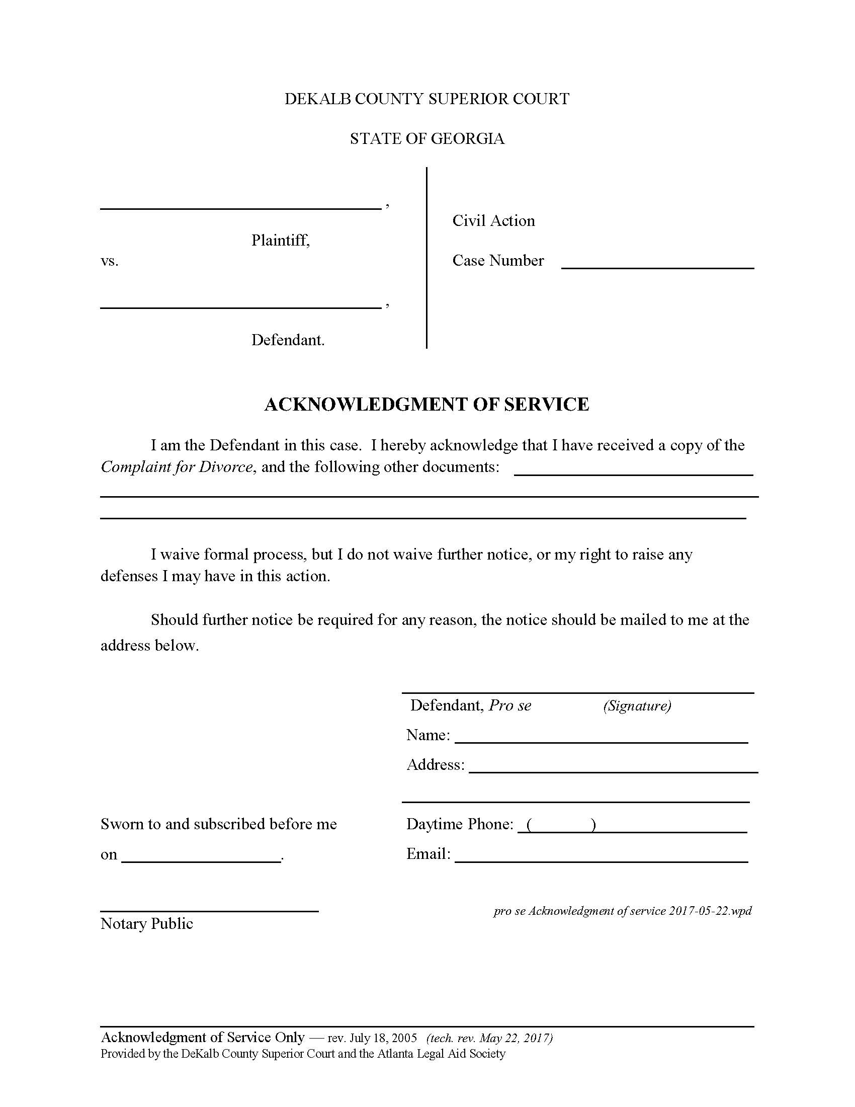 Acknowledgment Of Service (Complaint For Divorce) | Pdf Fpdf Docx | Georgia