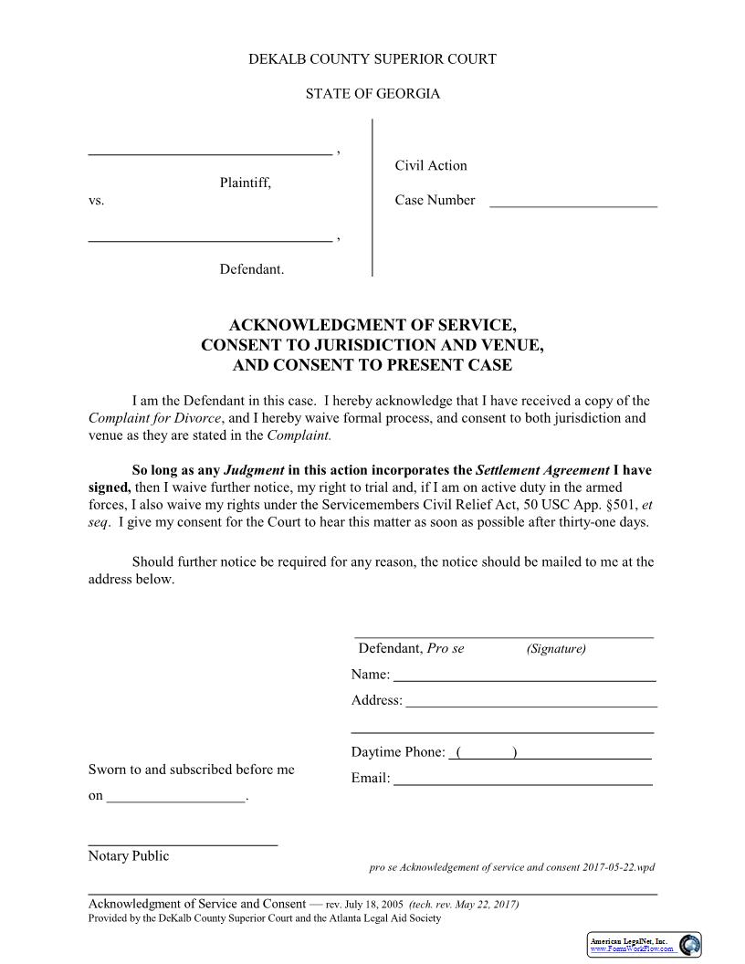 Acknowledgment Of Service Consent To Jurisdiction And Venue And Consent To Present Case | Pdf Fpdf Docx | Georgia
