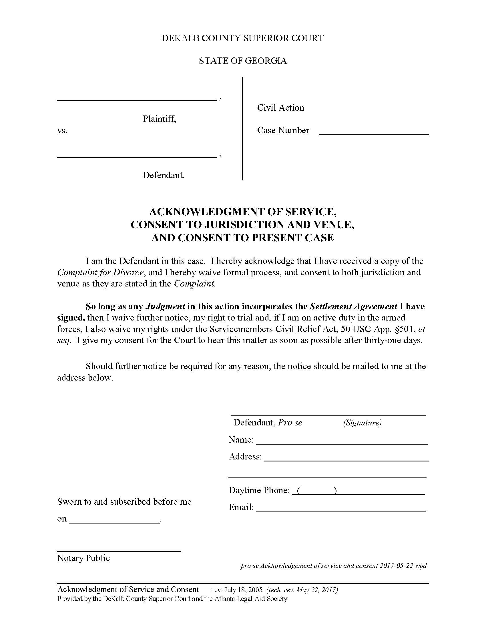 Acknowledgment Of Service Consent To Jurisdiction And Venue And Consent To Present Case | Pdf Fpdf Docx | Georgia