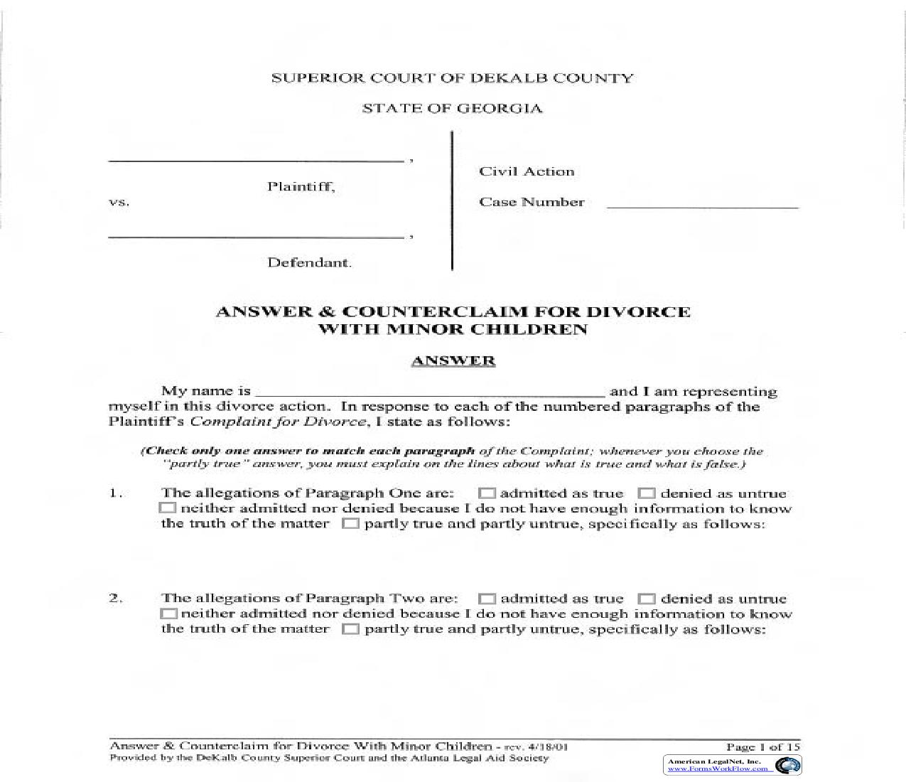 Answer And Counterclaim For Divorce With Minor Children | Pdf Fpdf Doc Docx | Georgia
