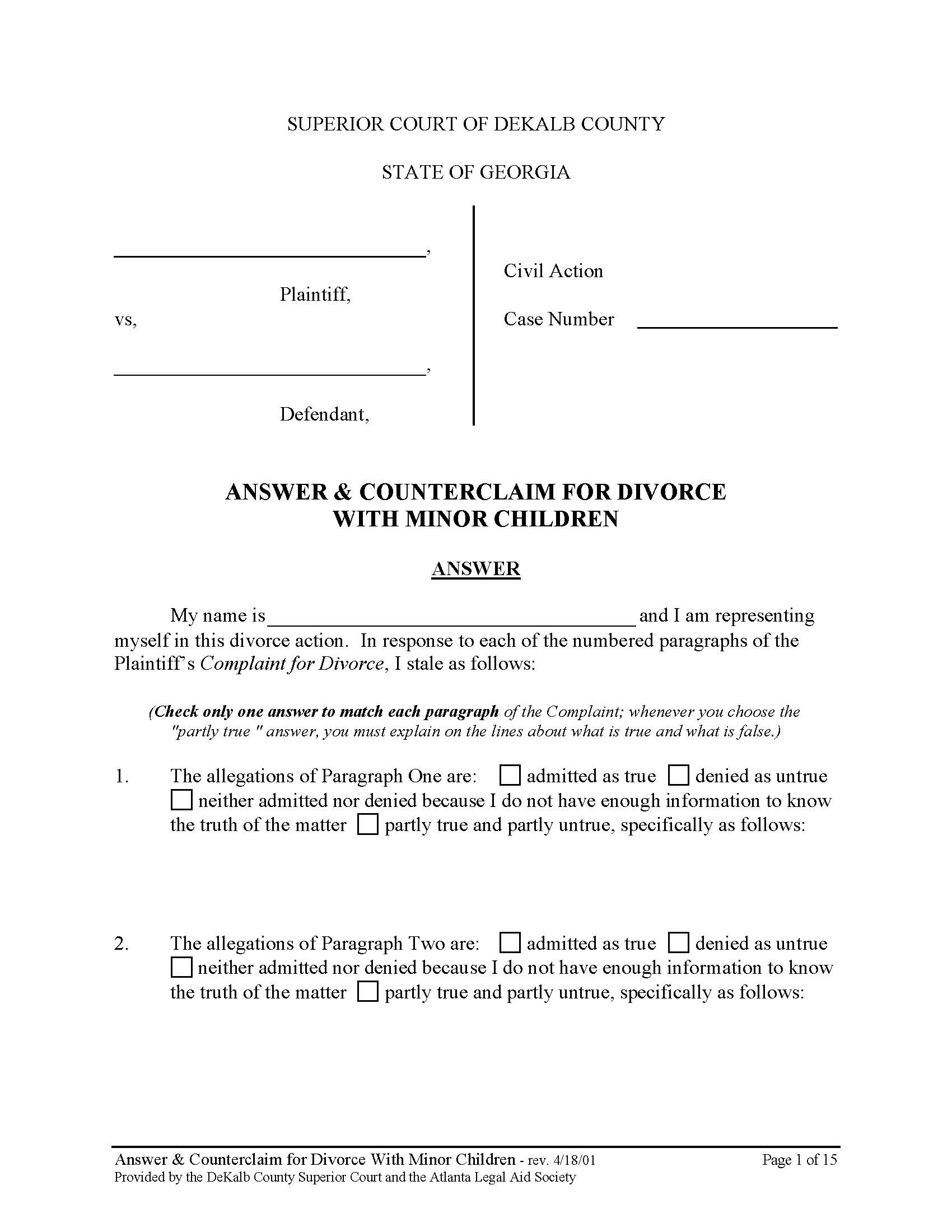 Answer And Counterclaim For Divorce With Minor Children | Pdf Fpdf Doc Docx | Georgia