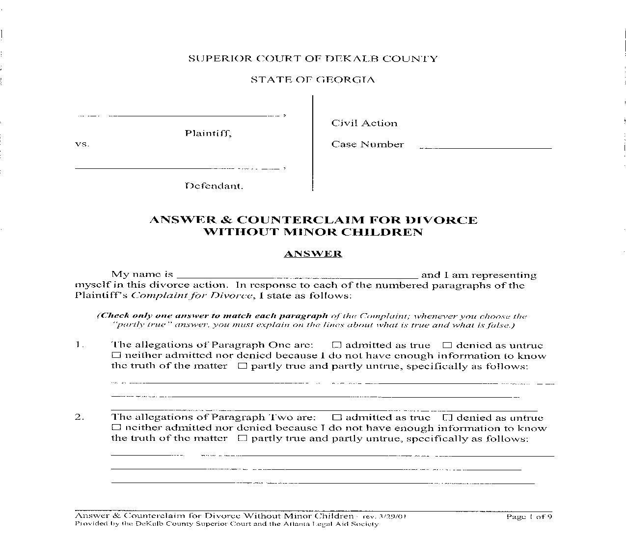 Answer And Counterclaim For Divorce Without Minor Children | Pdf Fpdf Doc Docx | Georgia