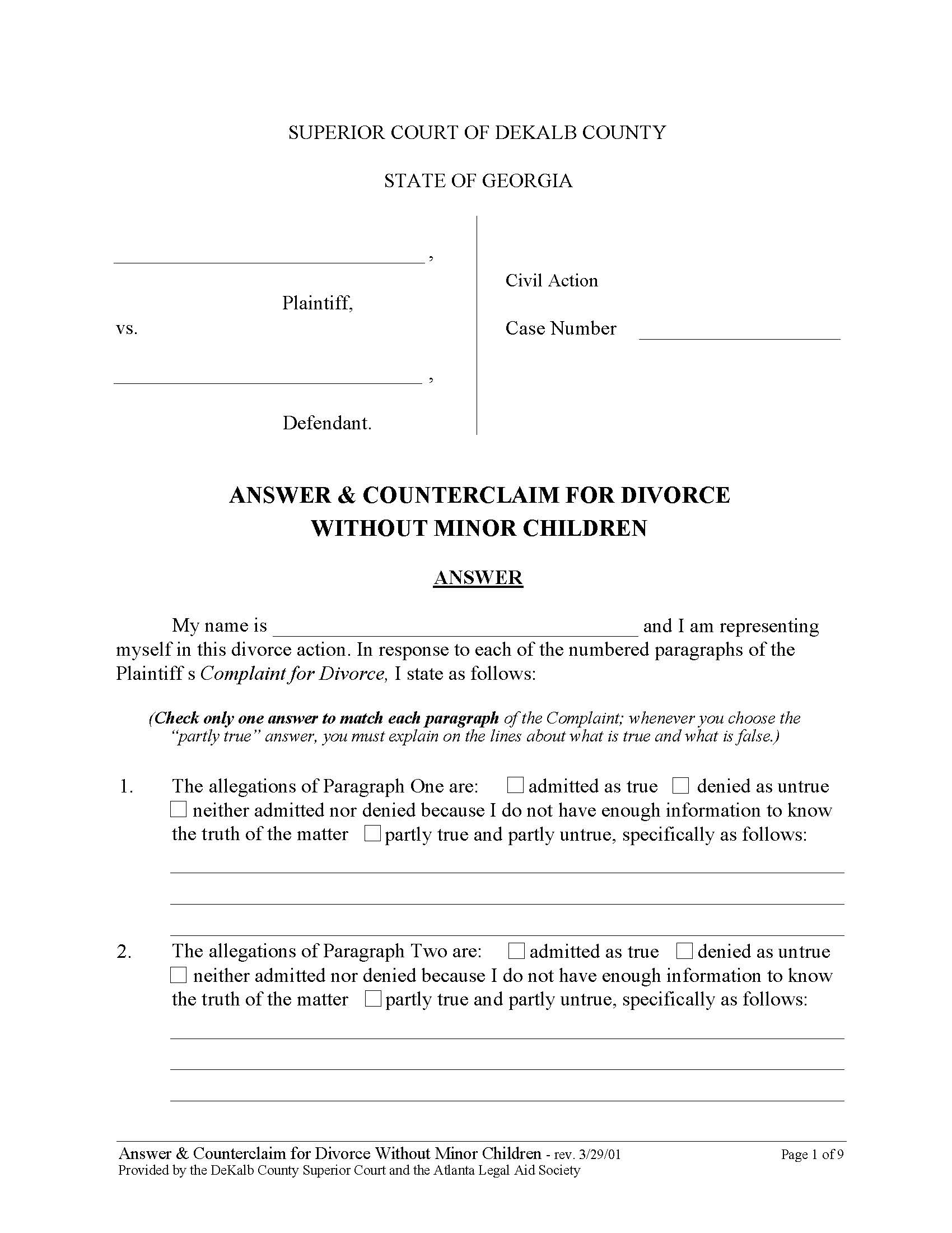 Answer And Counterclaim For Divorce Without Minor Children | Pdf Fpdf Doc Docx | Georgia