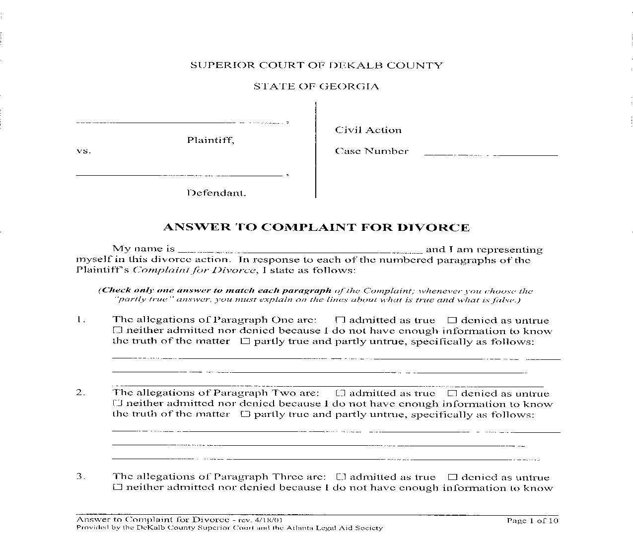 Answer To Complaint For Divorce | Pdf Fpdf Doc Docx | Georgia