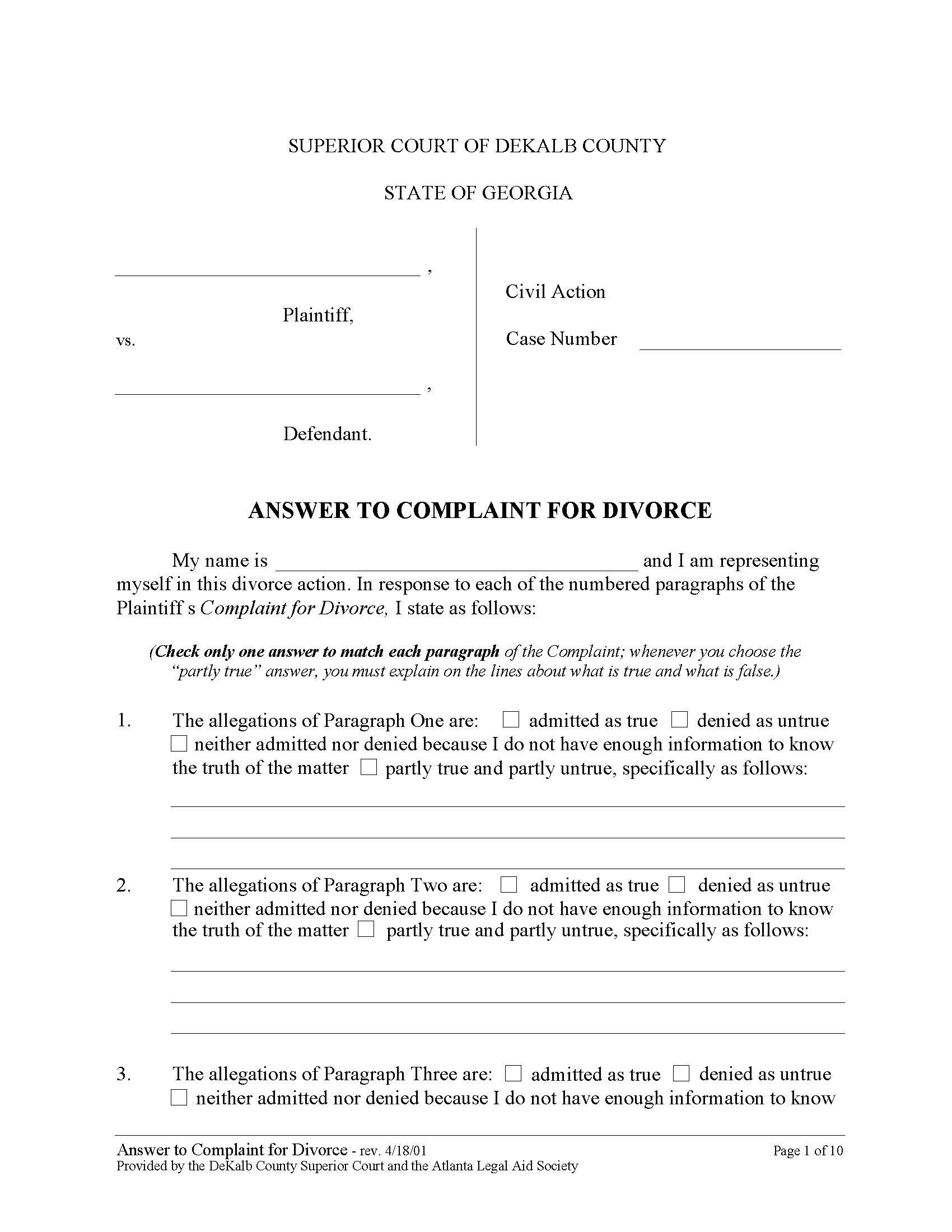 Answer To Complaint For Divorce | Pdf Fpdf Doc Docx | Georgia