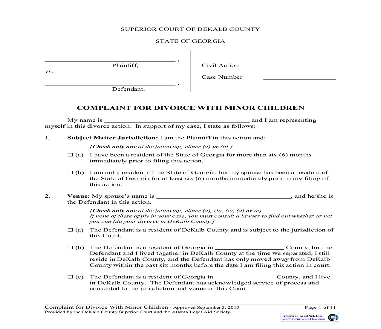 Complaint For Divorce With Minor Children | Pdf Fpdf Doc Docx | Georgia