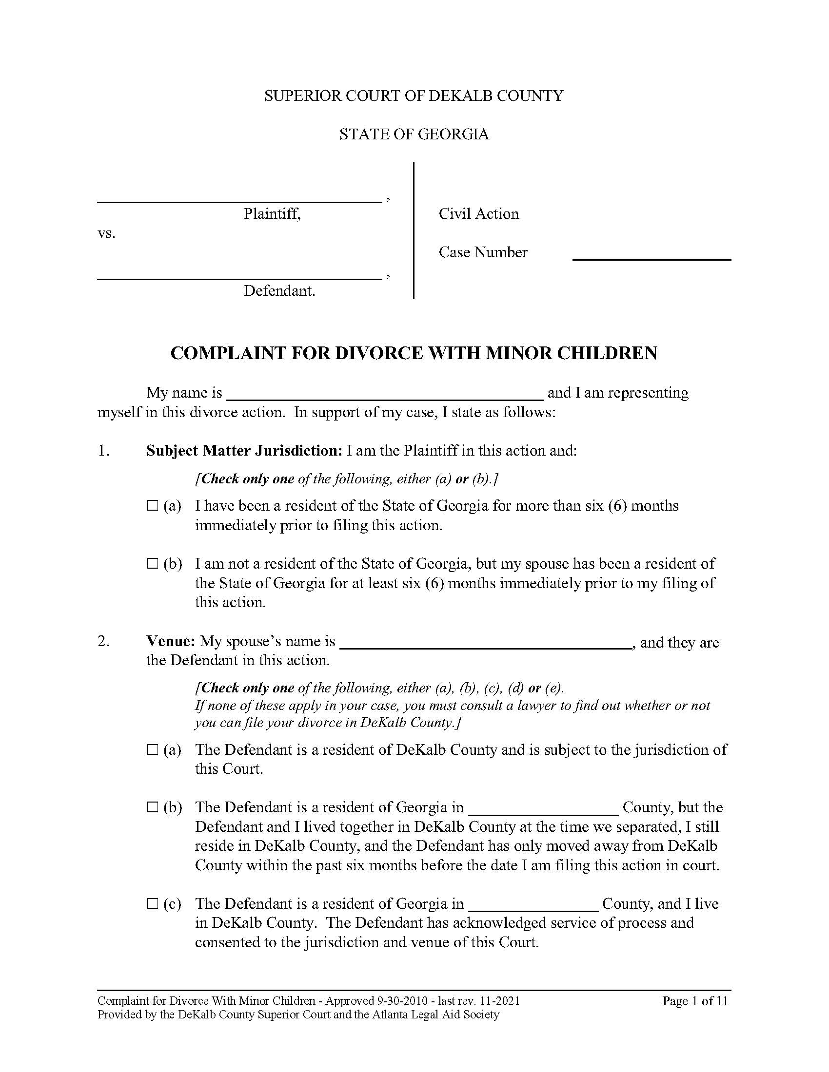 Complaint For Divorce With Minor Children | Pdf Fpdf Doc Docx | Georgia