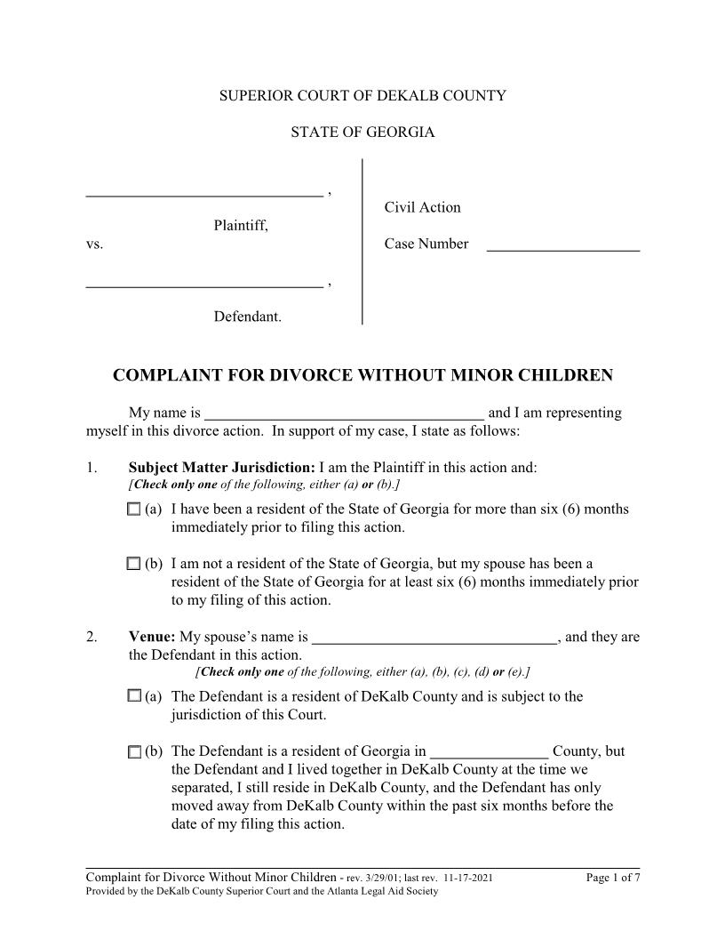 Complaint For Divorce Without Minor Children | Pdf Fpdf Doc Docx | Georgia
