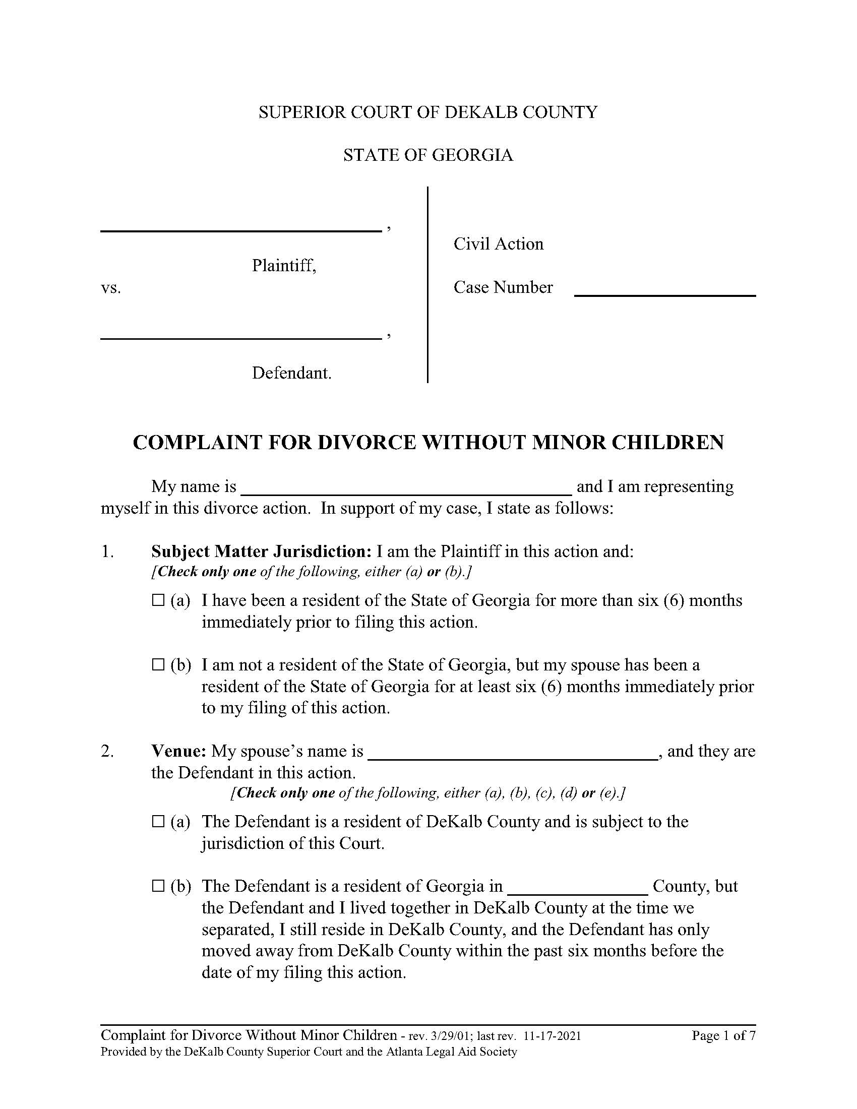 Complaint For Divorce Without Minor Children | Pdf Fpdf Doc Docx | Georgia