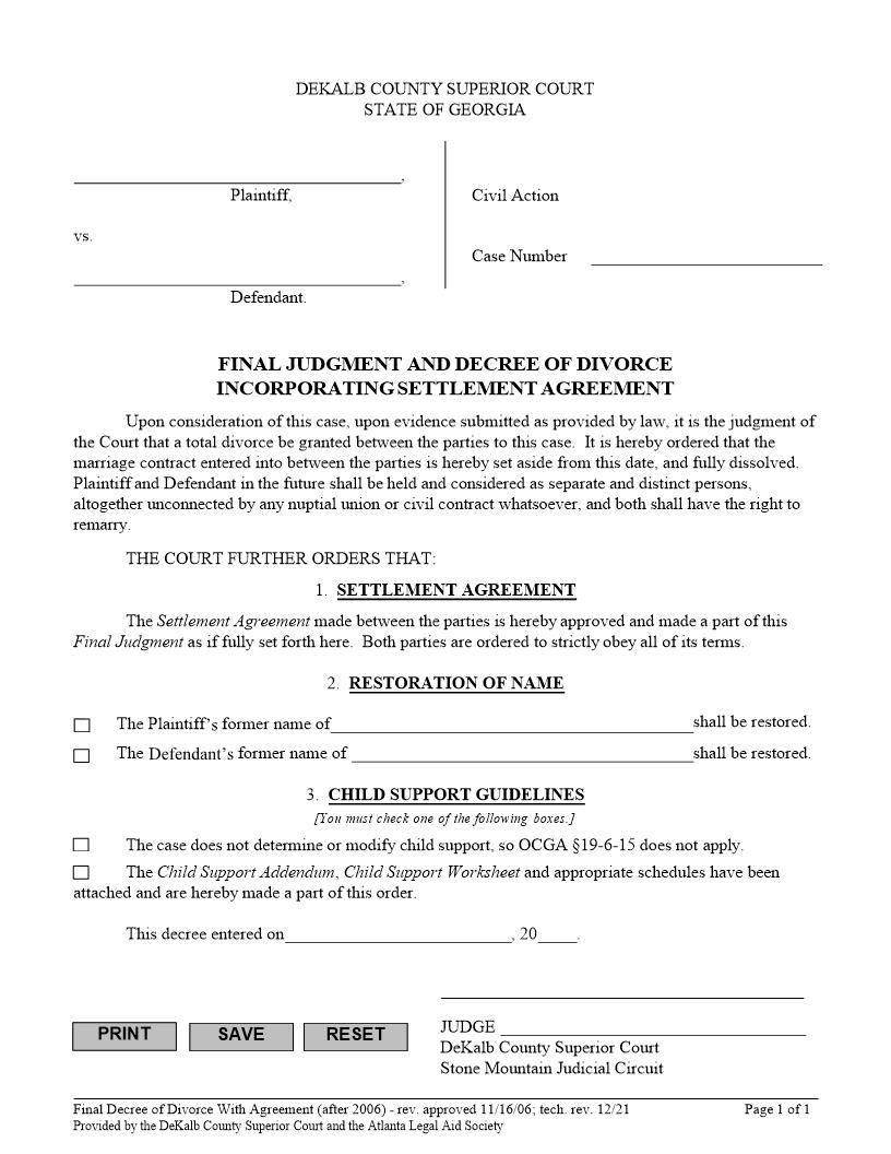 Final Judgment And Decree Of Divorce Incorporating Settlement Agreement | Pdf Fpdf Doc Docx | Georgia