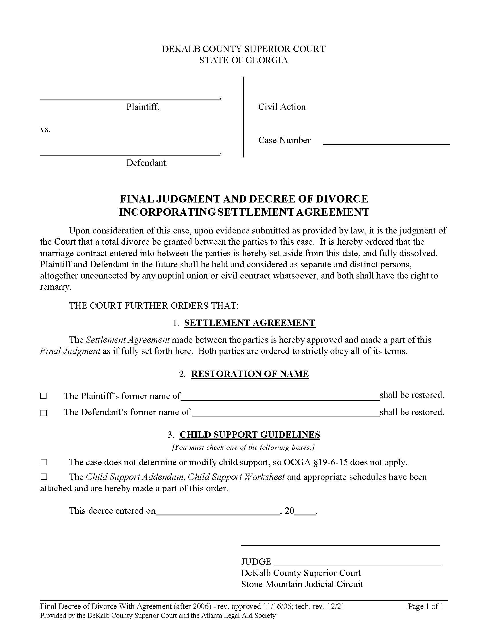 Final Judgment And Decree Of Divorce Incorporating Settlement Agreement | Pdf Fpdf Doc Docx | Georgia