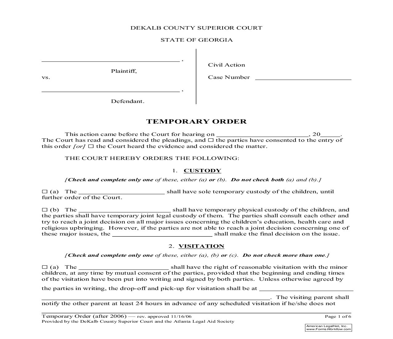 Temporary Order (Divorce With Minor Children) | Pdf Fpdf Doc Docx | Georgia