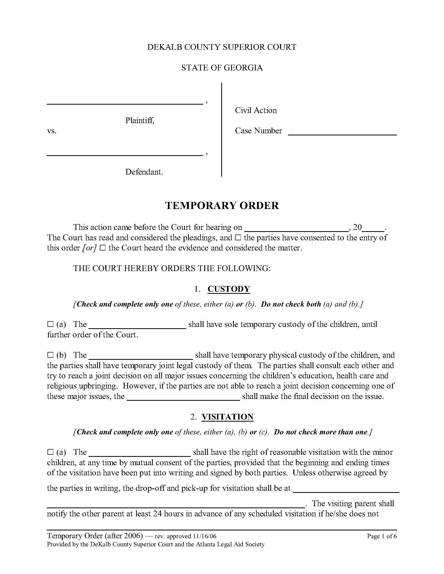 Temporary Order (Divorce With Minor Children) | Pdf Fpdf Doc Docx | Georgia