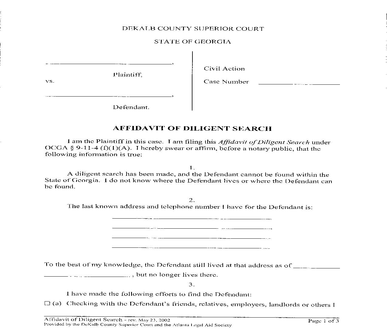 Affidavit Of Diligent Search (For Defendant) | Pdf Fpdf Doc Docx | Georgia