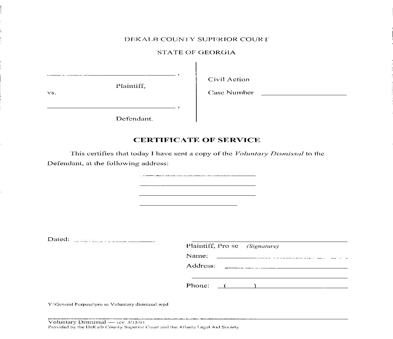 Certificate Of Service (Voluntary Dismissal) | Pdf Fpdf Doc Docx | Georgia