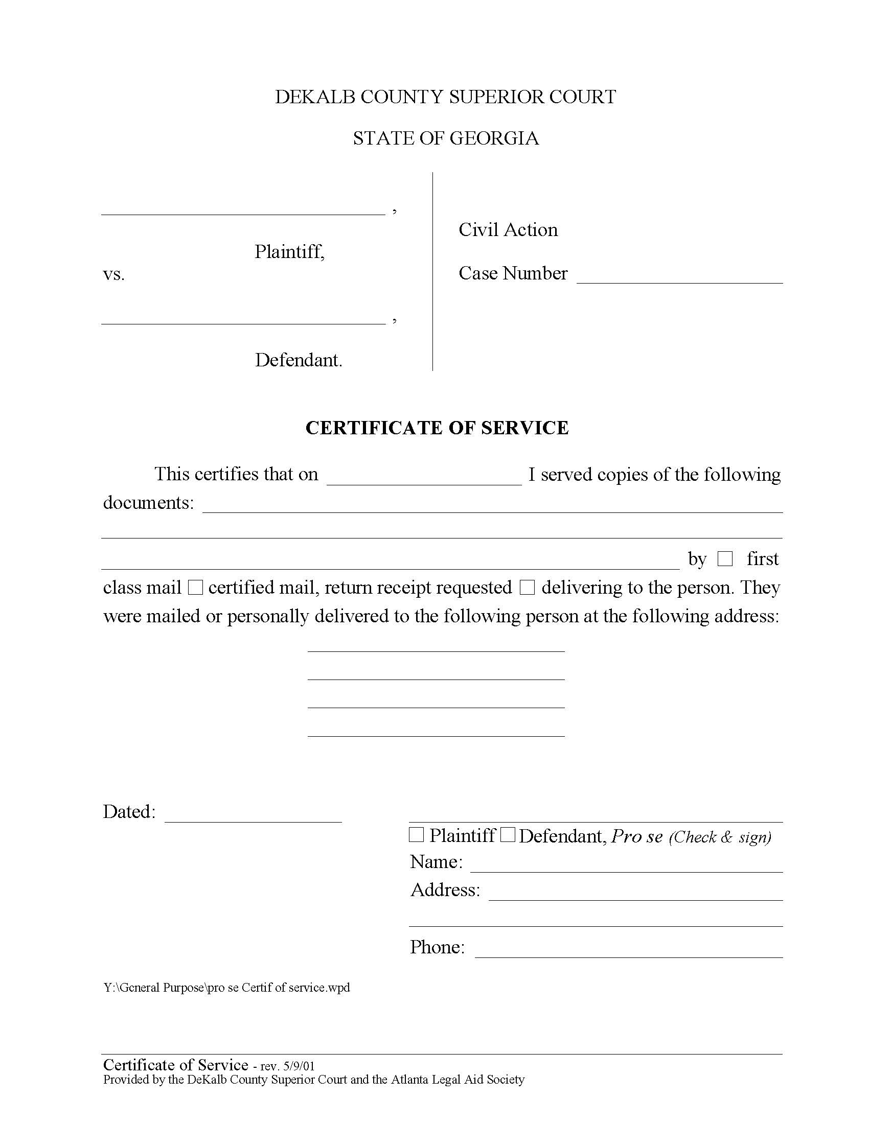 Certificate Of Service | Pdf Fpdf Doc Docx | Georgia