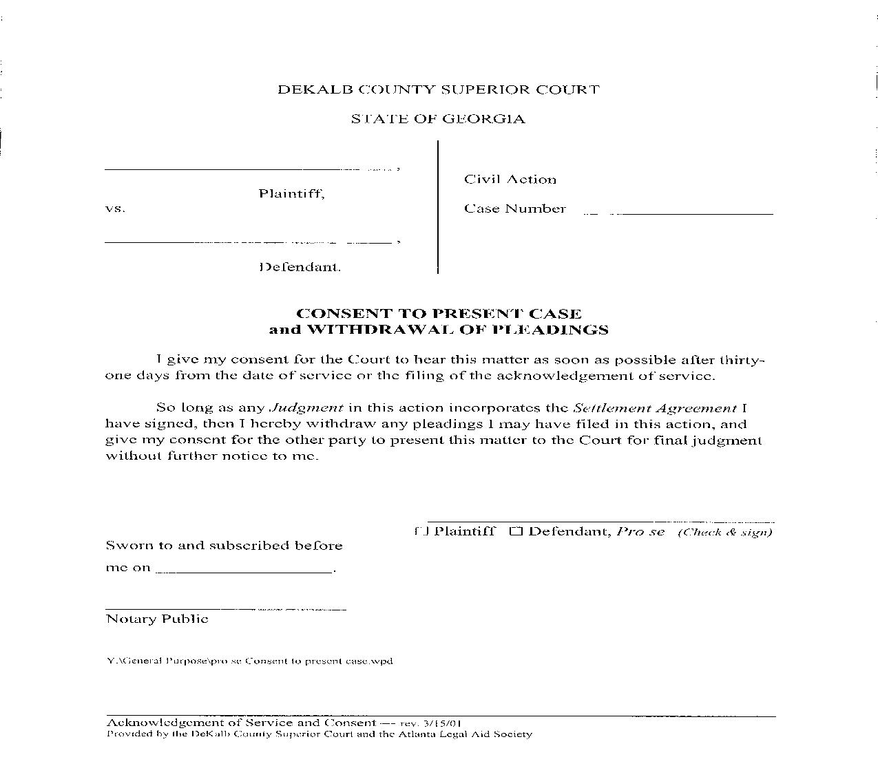 Consent To Present Case And Withdrawal Of Pleadings | Pdf Fpdf Doc Docx | Georgia