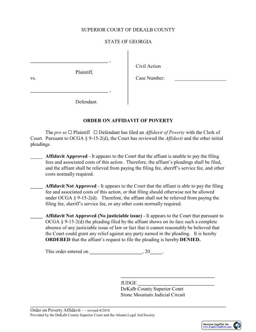 Order On Affidavit Of Poverty | Pdf Fpdf Docx | Georgia
