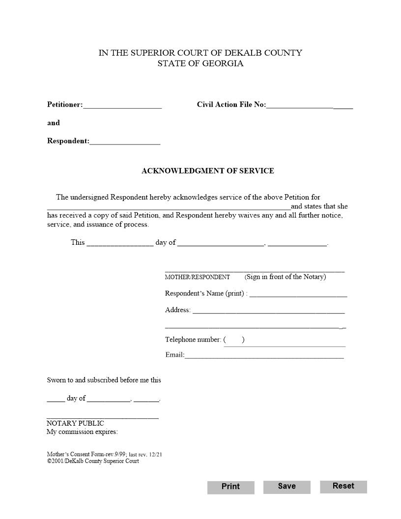 Acknowledgment Of Service (Petition For Legitimation) | Pdf Fpdf Doc Docx | Georgia