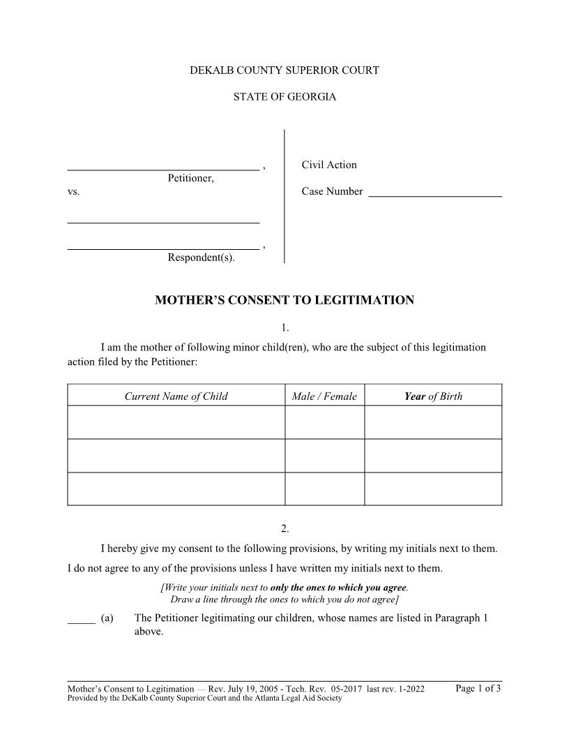 Mothers Consent To Legitimation | Pdf Fpdf Docx | Georgia