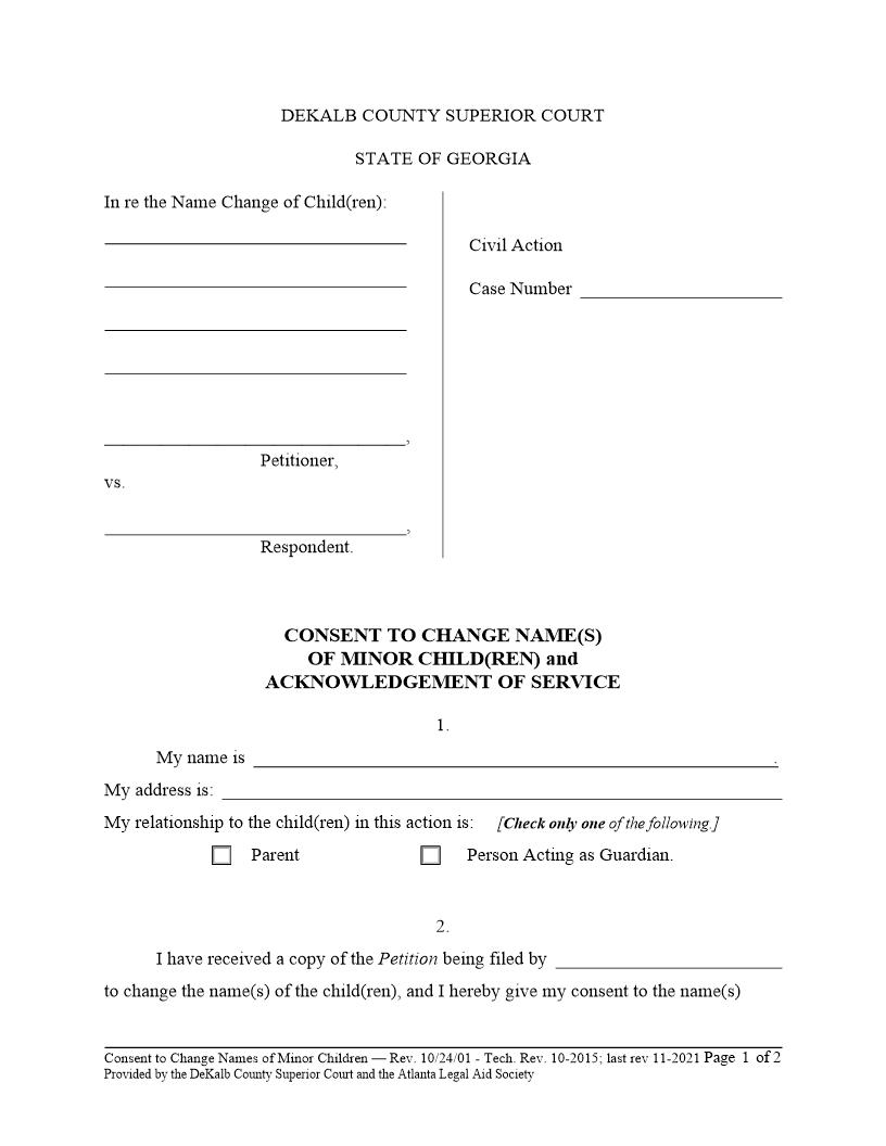 Consent To Change Names Of Minor Children And Acknowledgment Of Service | Pdf Fpdf Doc Docx | Georgia