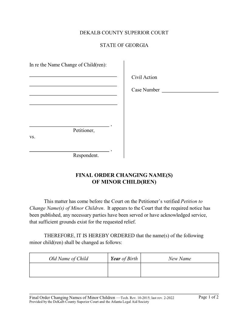Final Order Changing Names Of Minor Children | Pdf Fpdf Doc Docx | Georgia