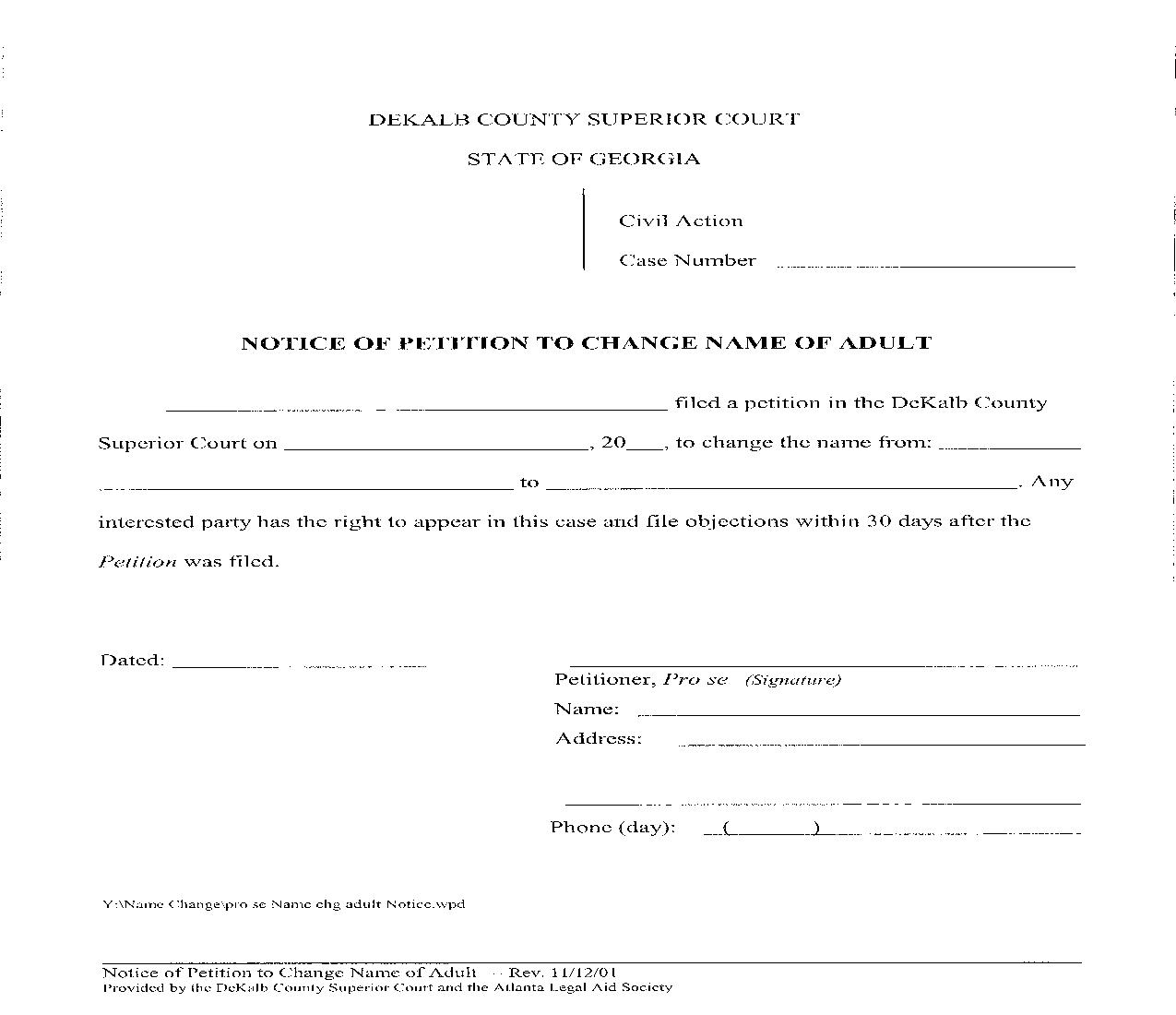 Notice Of Petition To Change Name Of Adult | Pdf Fpdf Doc Docx | Georgia