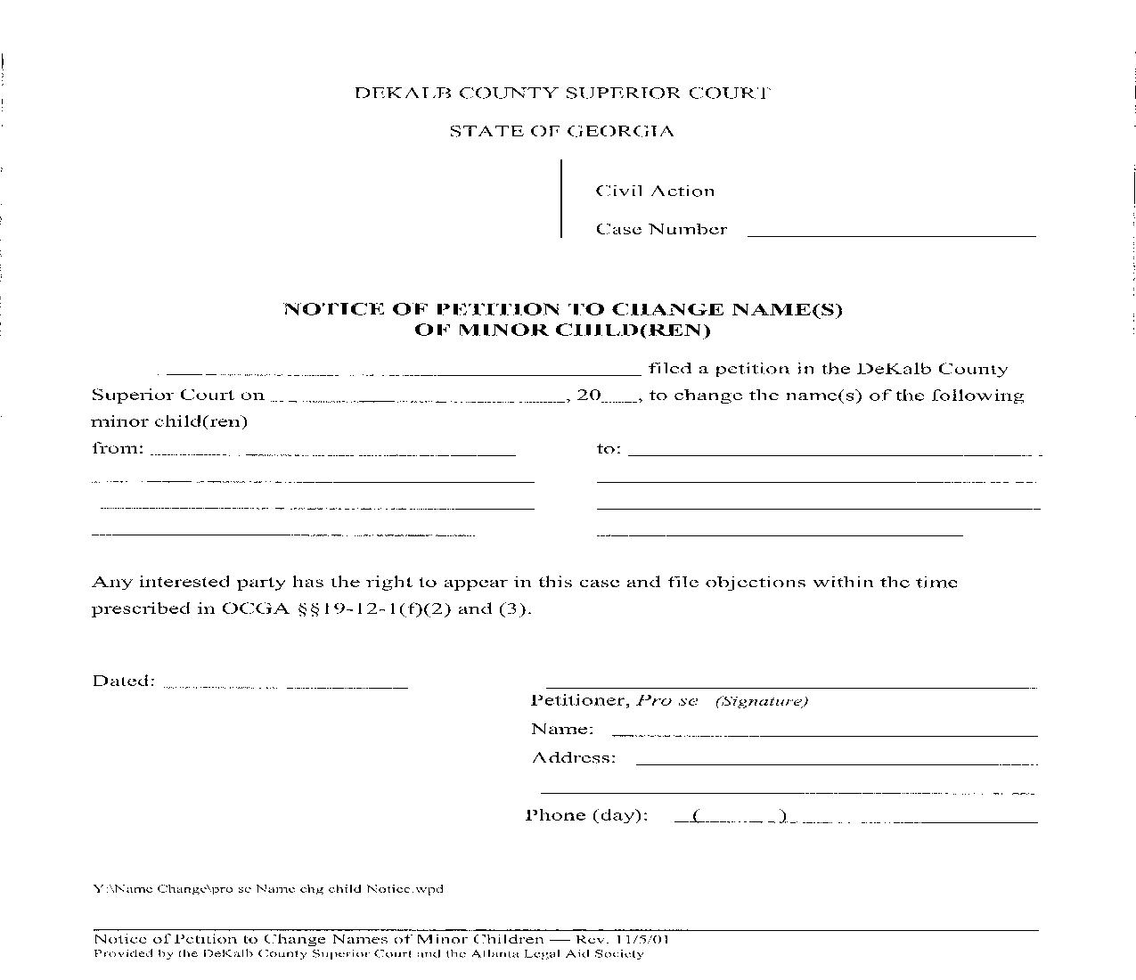 Notice Of Petition To Change Names Of Minor Children | Pdf Fpdf Doc Docx | Georgia