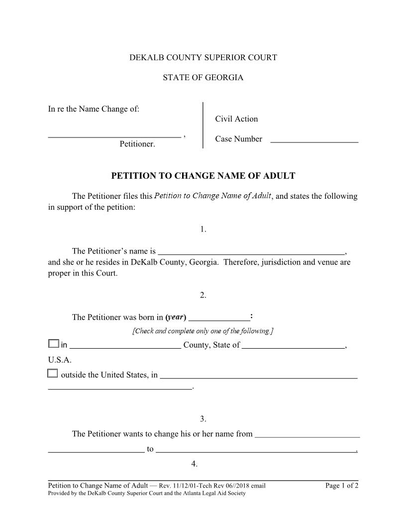 Petition To Change Name Of Adult | Pdf Fpdf Doc Docx | Georgia