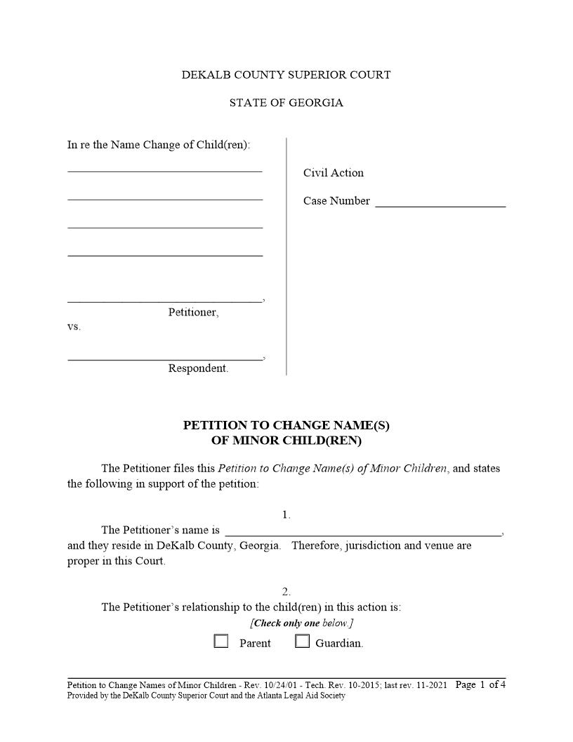 Petition To Change Names Of Minor Children | Pdf Fpdf Docx | Georgia