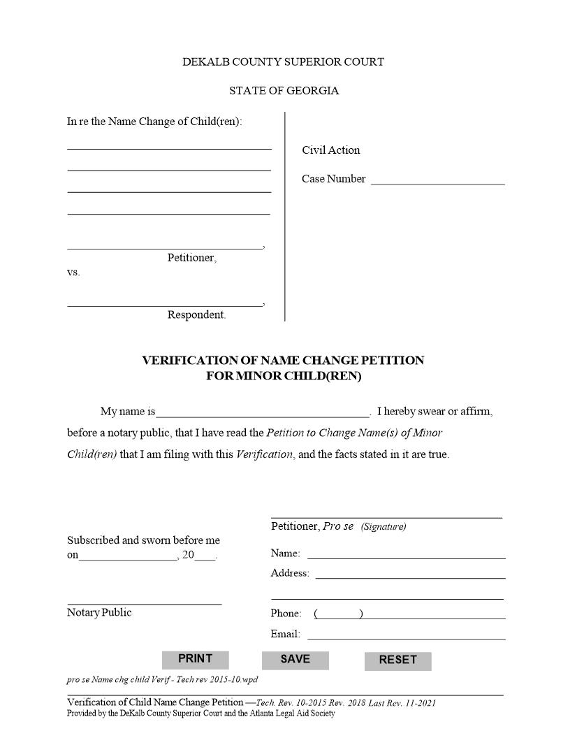 Verification Of Name Change Petition For Minor Children | Pdf Fpdf Docx | Georgia