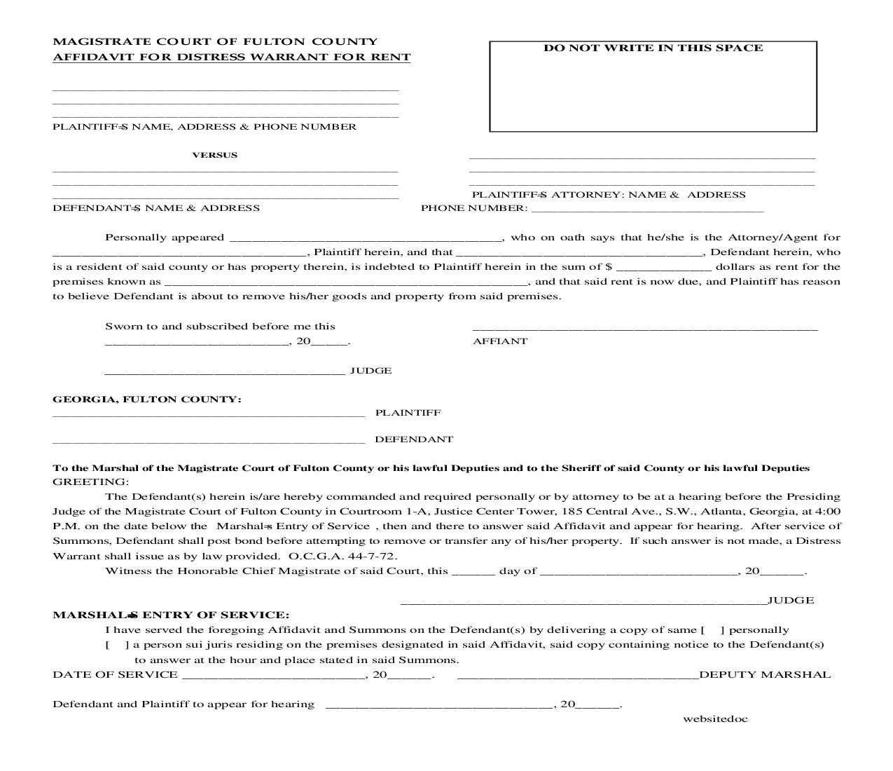 Affidavit For Distress Warrant For Rent |  | Georgia