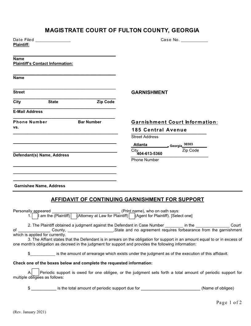 Affidavit Of Continuing Garnishment For Support | Pdf Fpdf Docx | Georgia