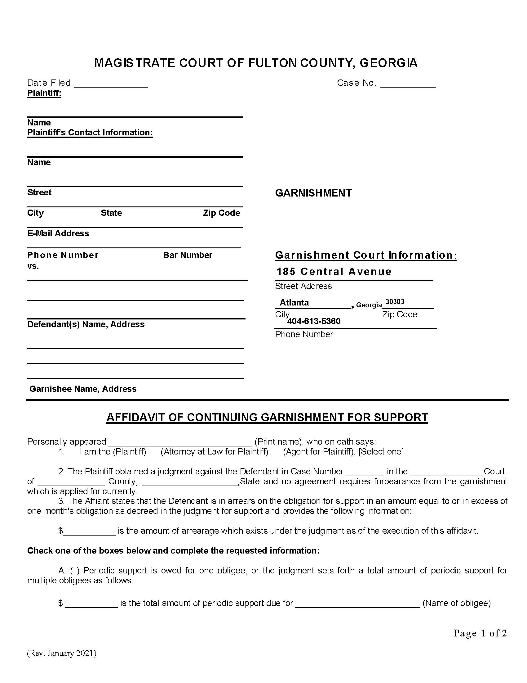 Affidavit Of Continuing Garnishment For Support | Pdf Fpdf Docx | Georgia
