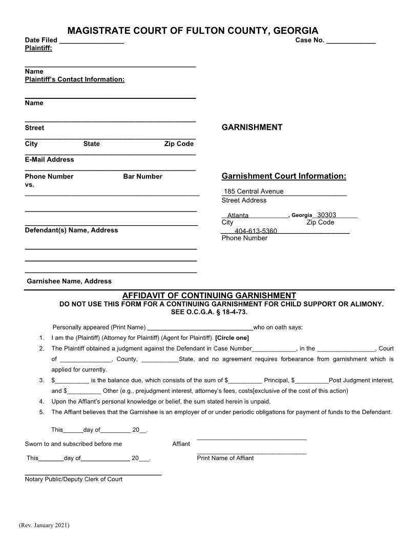 Affidavit Of Continuing Garnishment | Pdf Fpdf Docx | Georgia