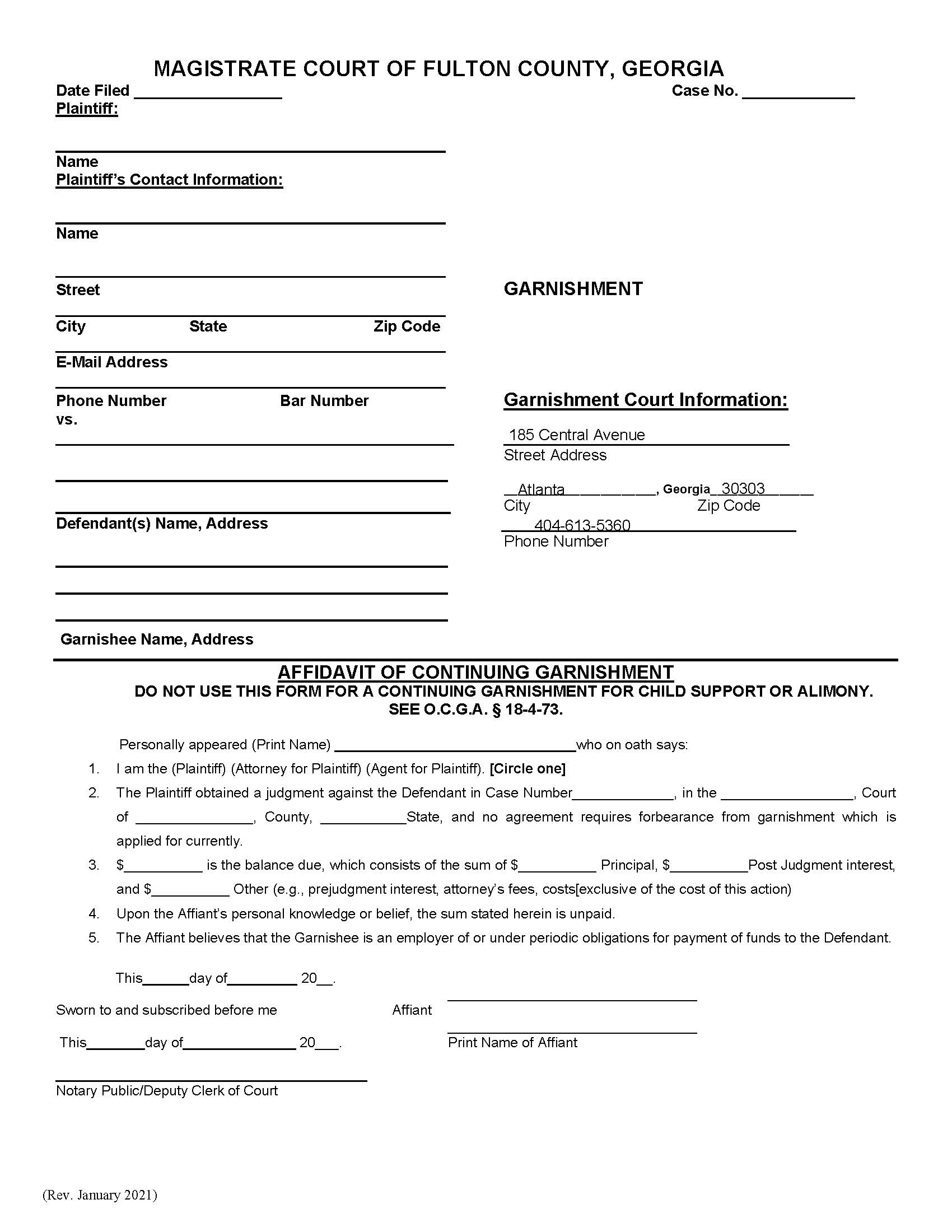 Affidavit Of Continuing Garnishment | Pdf Fpdf Docx | Georgia