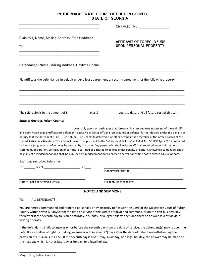 Affidavit Of Foreclosure Upon Personal Property | Pdf Fpdf Docx | Georgia