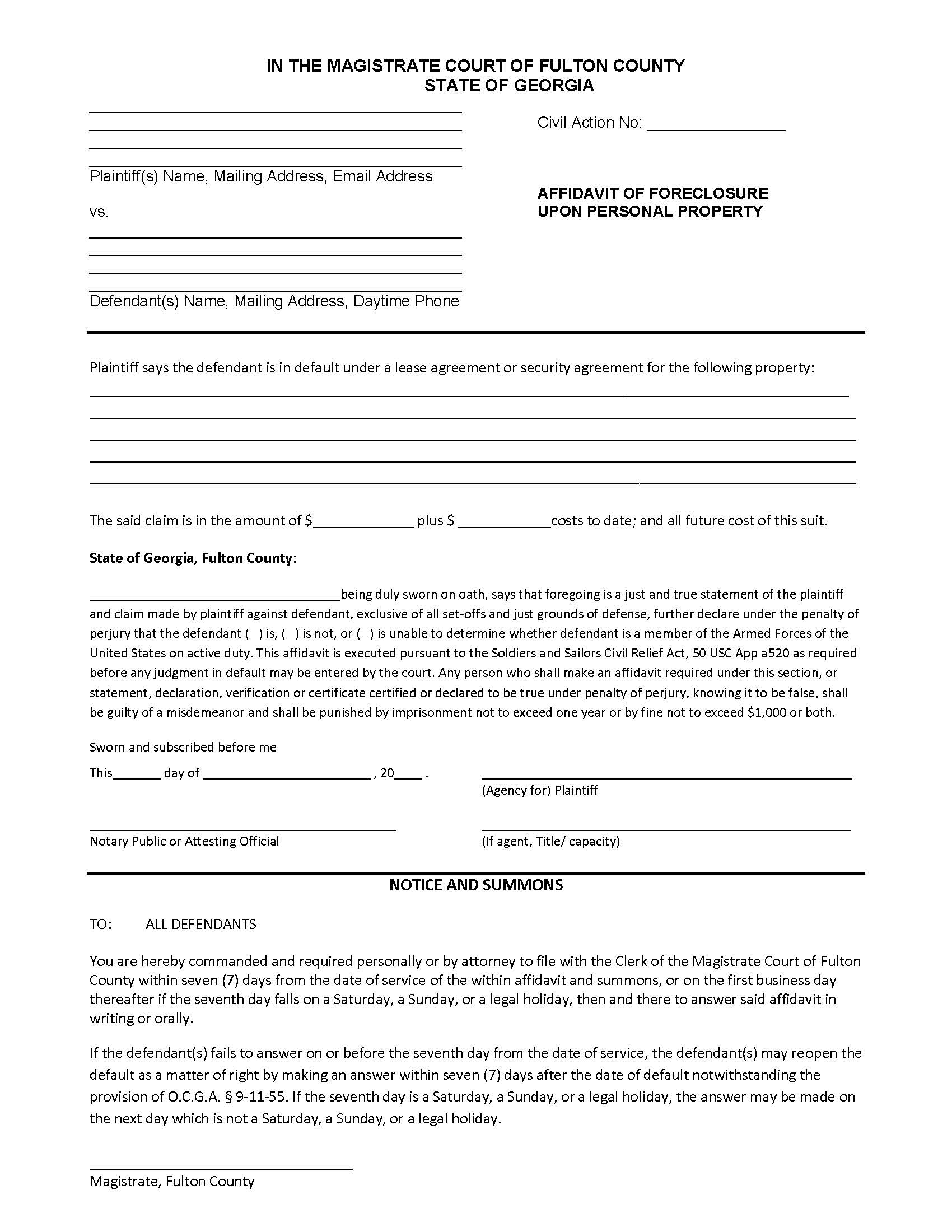 Affidavit Of Foreclosure Upon Personal Property | Pdf Fpdf Docx | Georgia