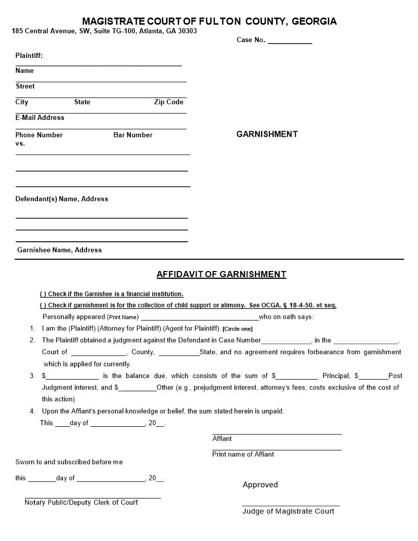 Affidavit Of Garnishment | Pdf Fpdf Docx | Georgia
