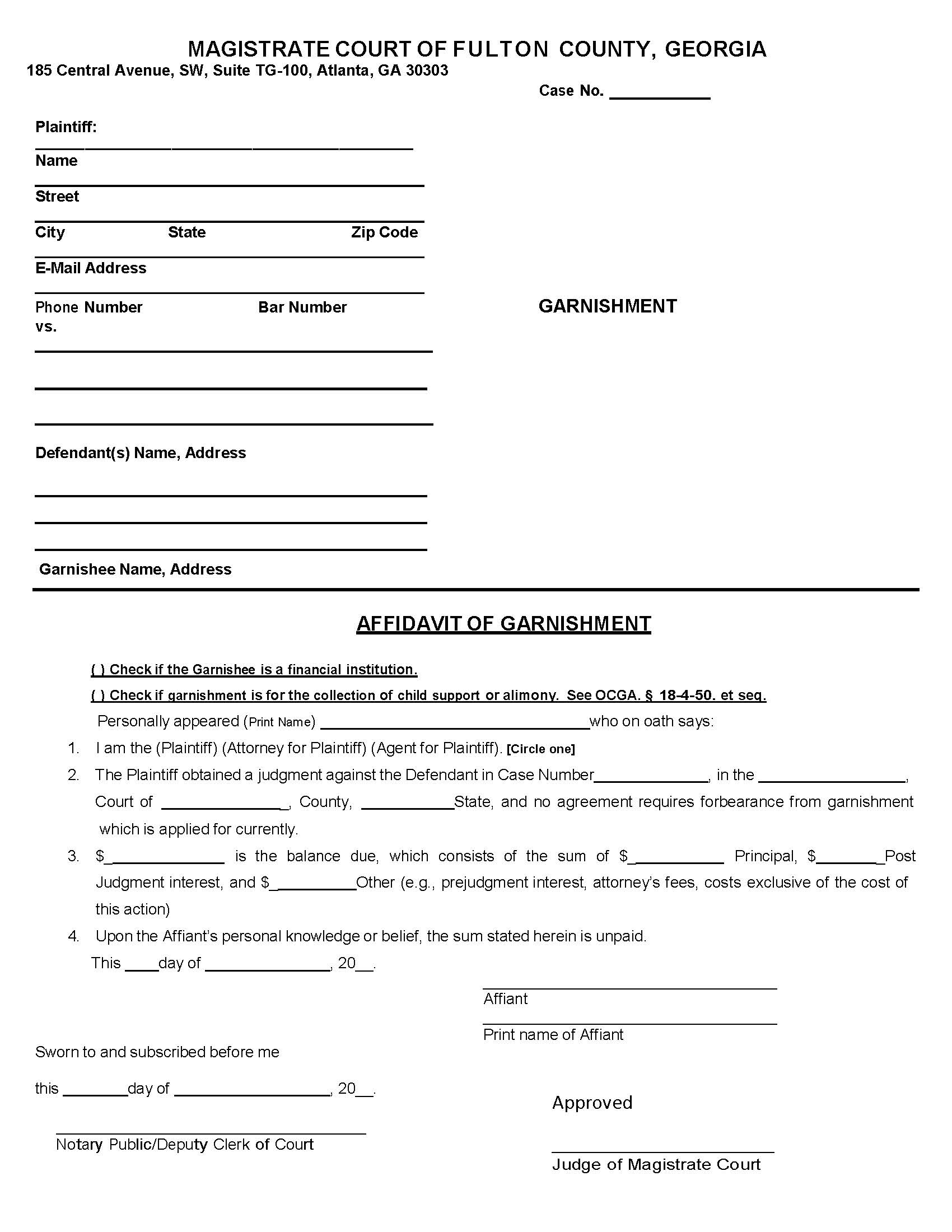 Affidavit Of Garnishment | Pdf Fpdf Docx | Georgia