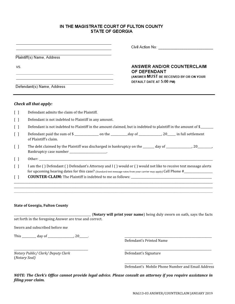 Answer And Or Counterclaim Of Defendant | Pdf Fpdf Docx | Georgia
