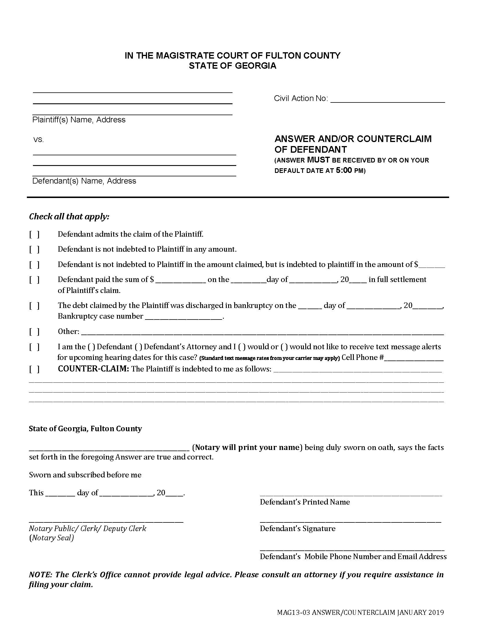 Answer And Or Counterclaim Of Defendant | Pdf Fpdf Docx | Georgia