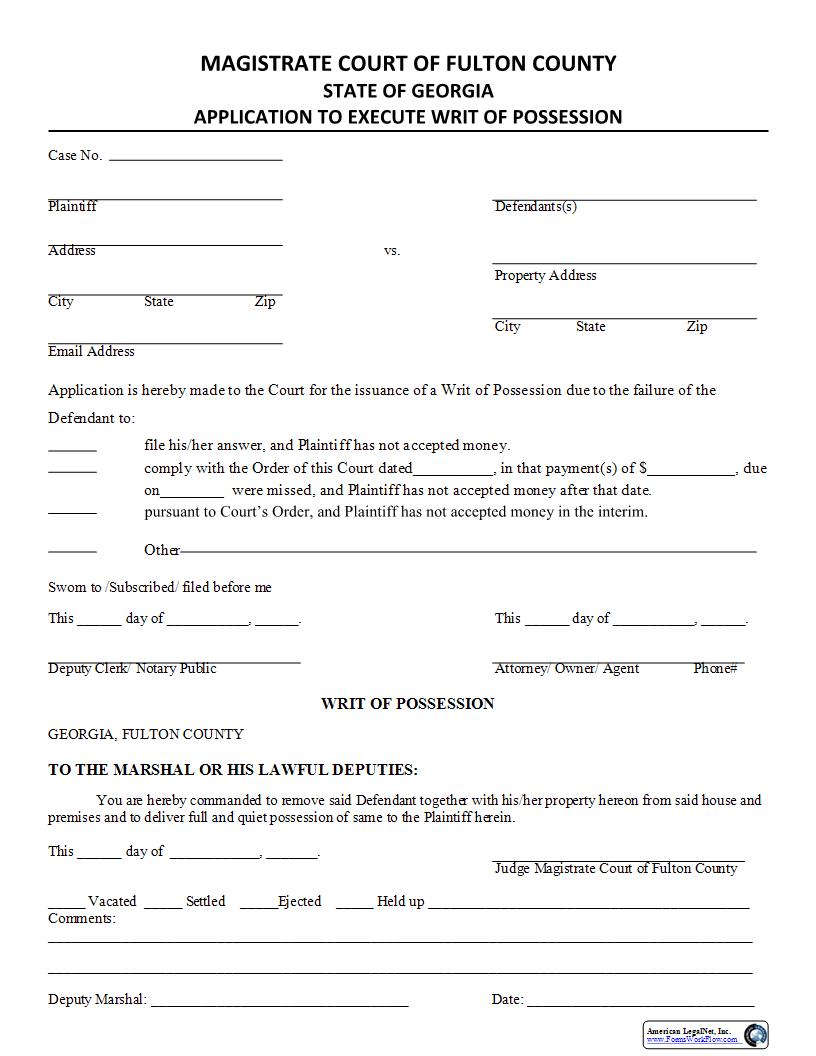 Application To Execute Writ Of Possession | Pdf Fpdf Docx | Georgia